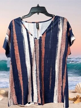 Noracora Abstract Stripe Summer Blouse Top Womens Small Multicolor 60s Vacation